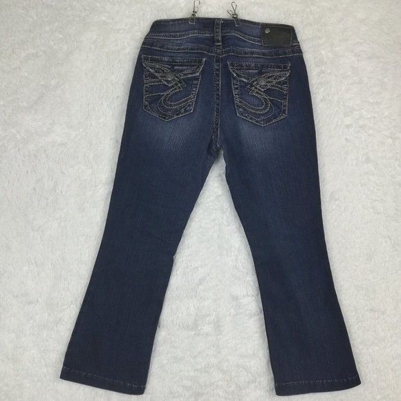 Silver Womens Jeans Suki Surplus Boot Cut Denim Blue Flap Pocket‎ Dark Short 28S - Picture 2 of 12